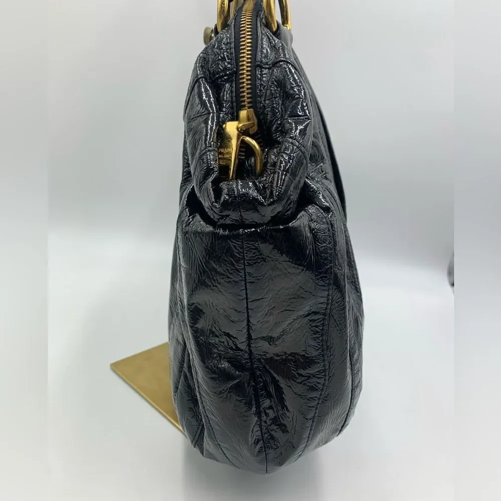 Auth Prada Black Patent Leather Whipstitch Tonal Stripe Satchel Lightweight